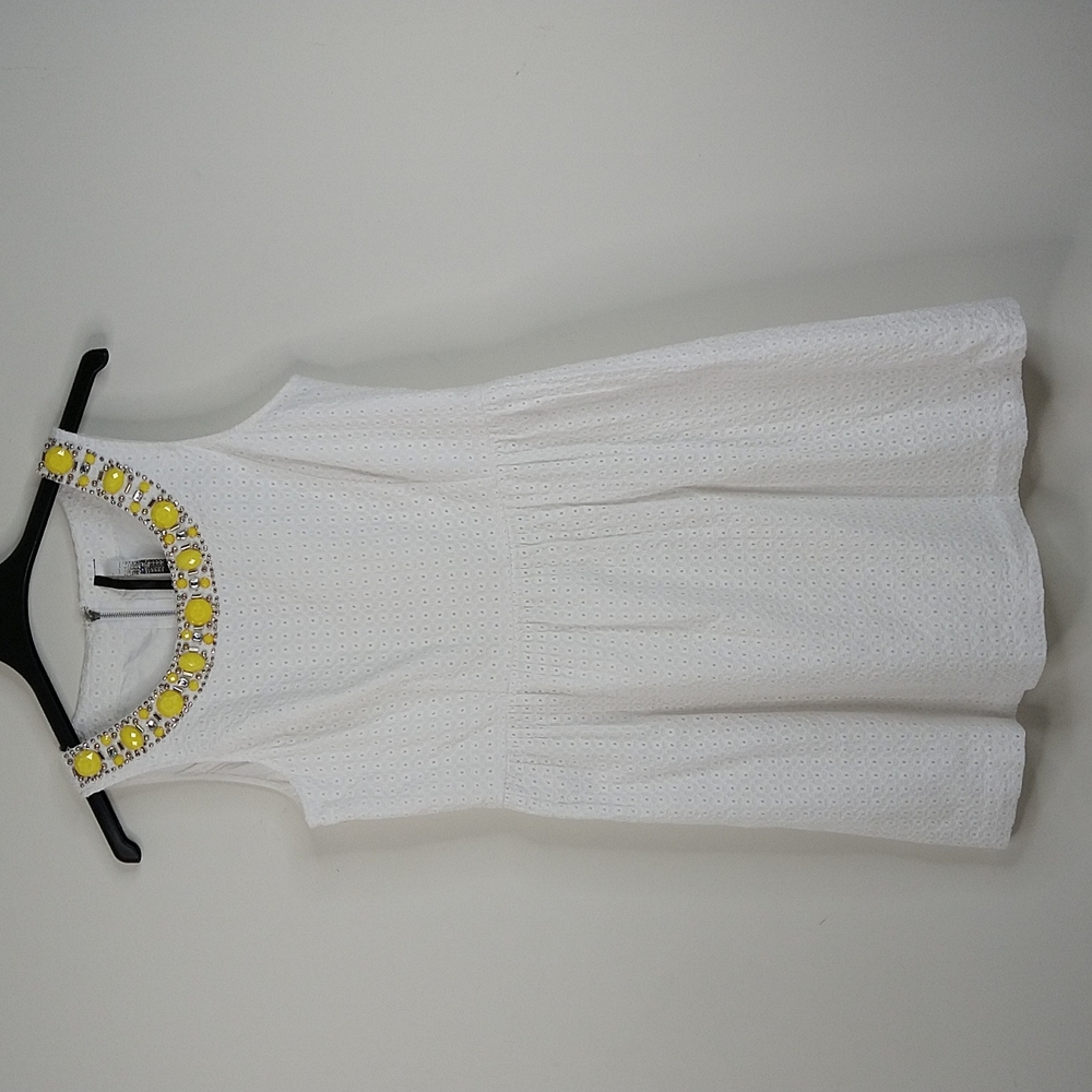 Women White Eyelet Yellow Embellishment Dress Size: L